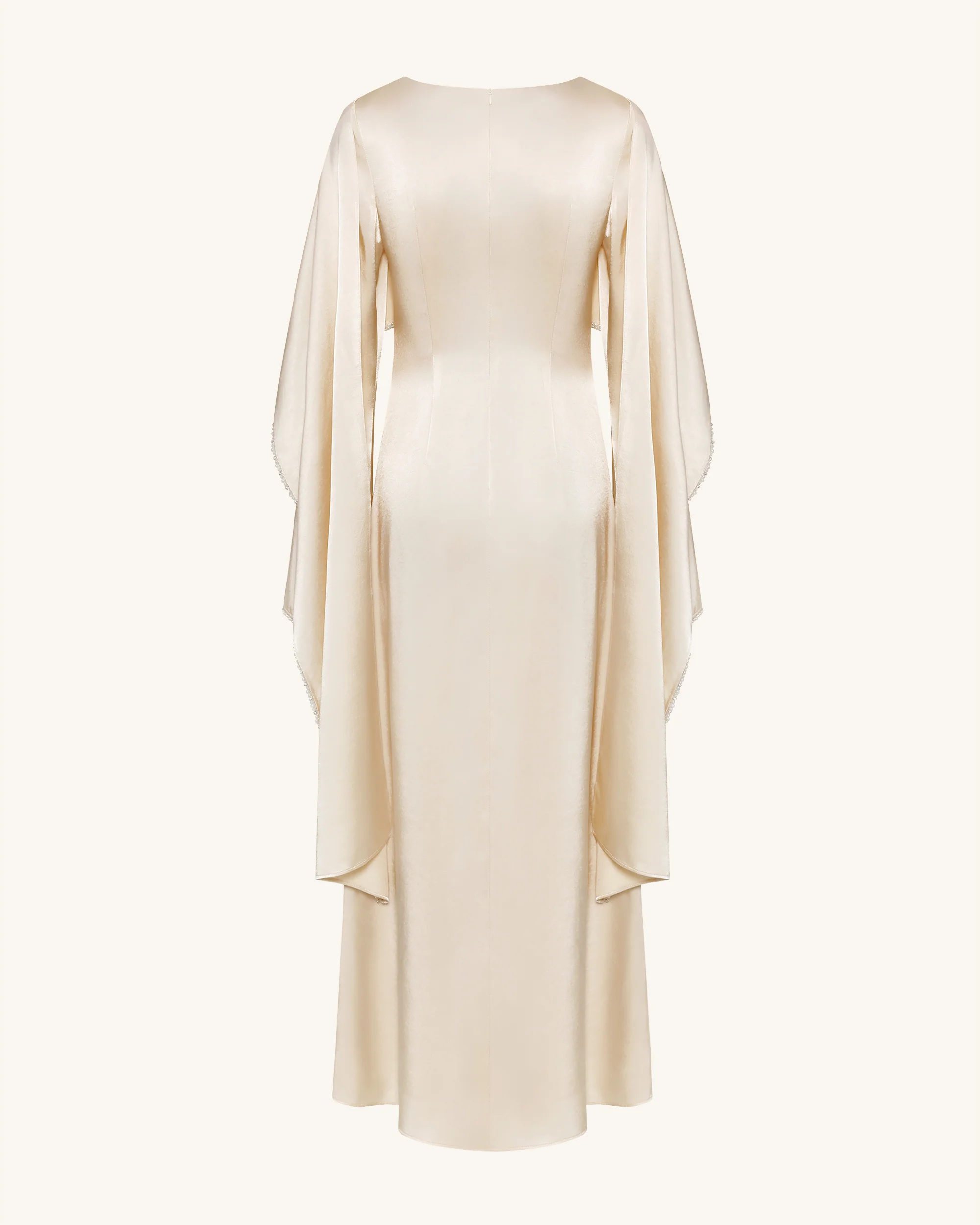 198Pearl-Trimmed Cape Sleeve Boat Neck Maxi Gown-Cream - Image 5