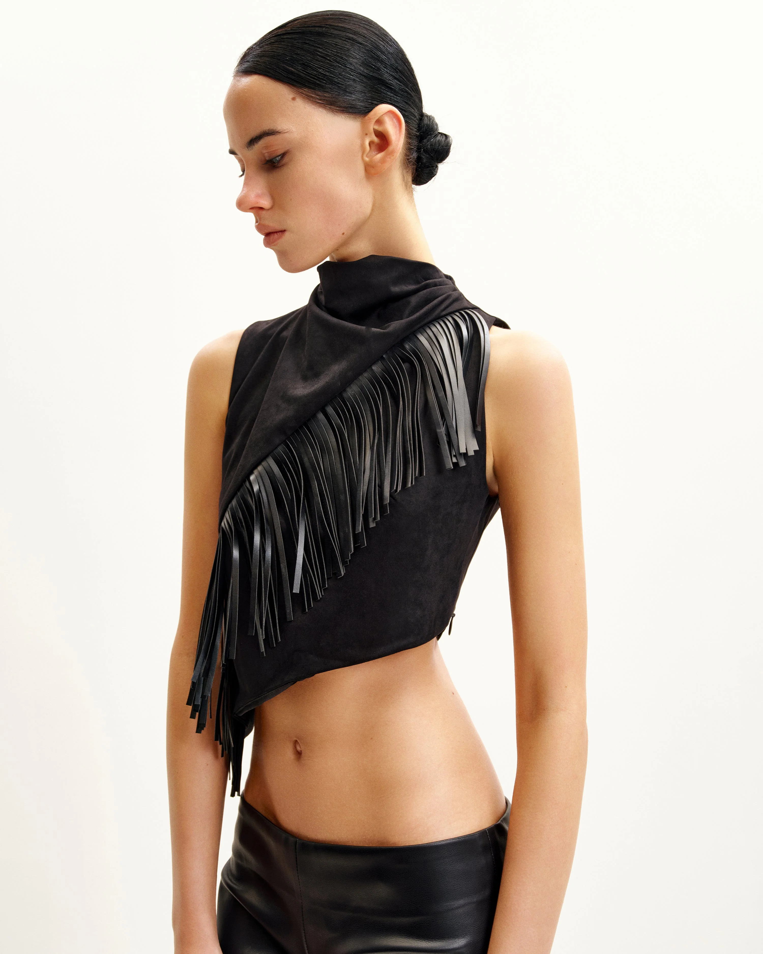 Adeline Asymmetric Fringe Sueded Top - Black - Image 3