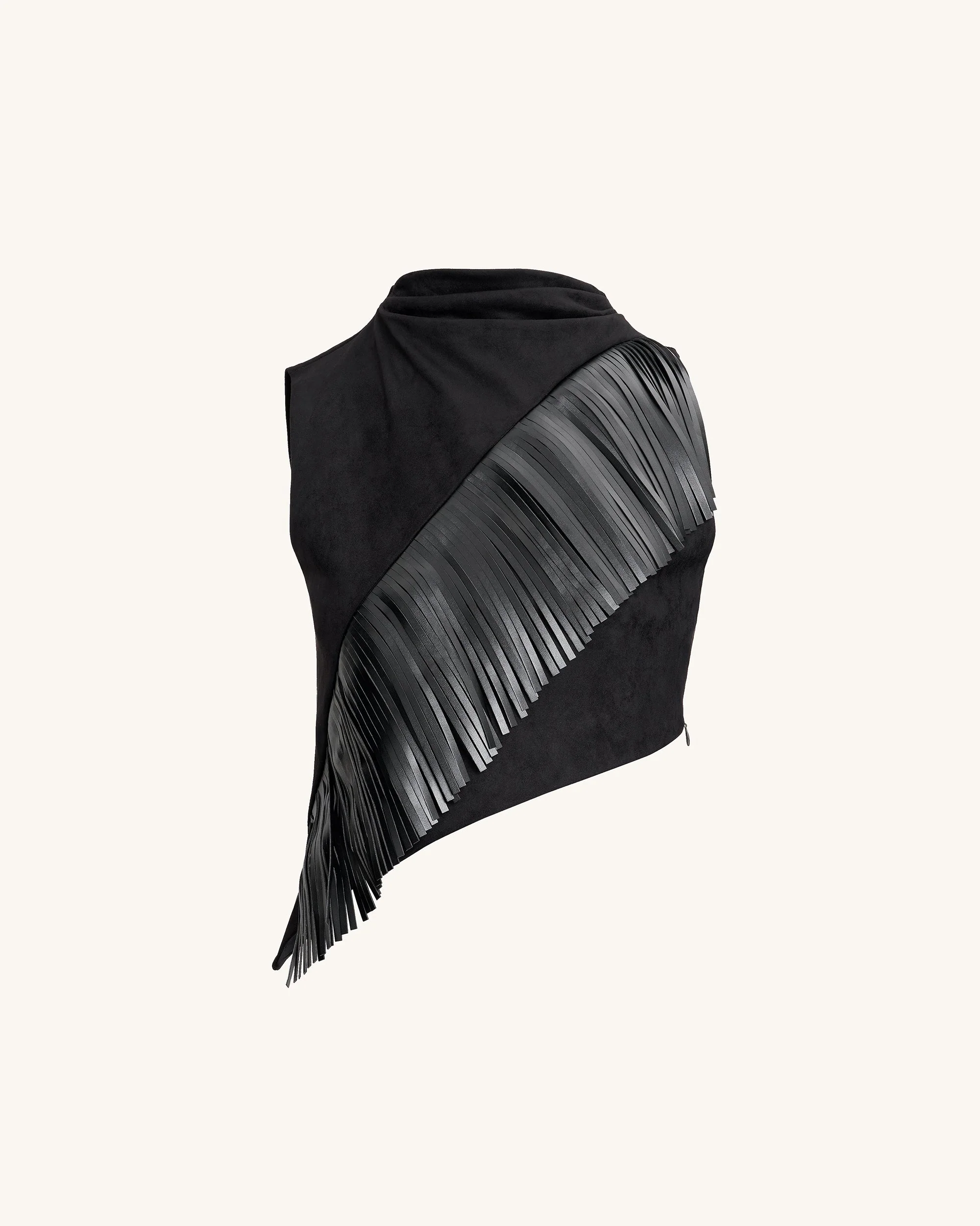 Adeline Asymmetric Fringe Sueded Top - Black - Image 4
