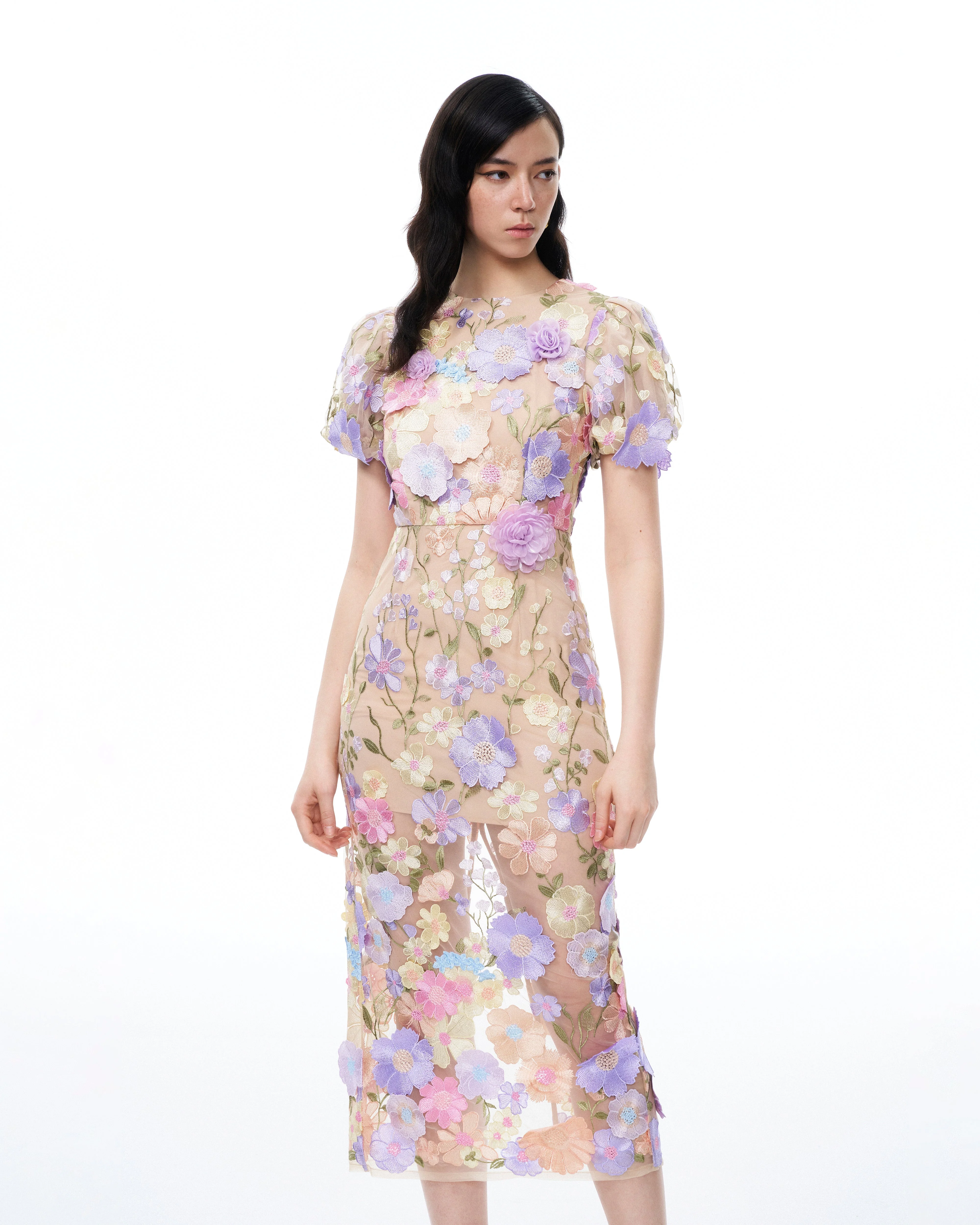 Alaric Round Neck 3D Floral Embroidered Maxi Dress - Pastel Multi - Image 4