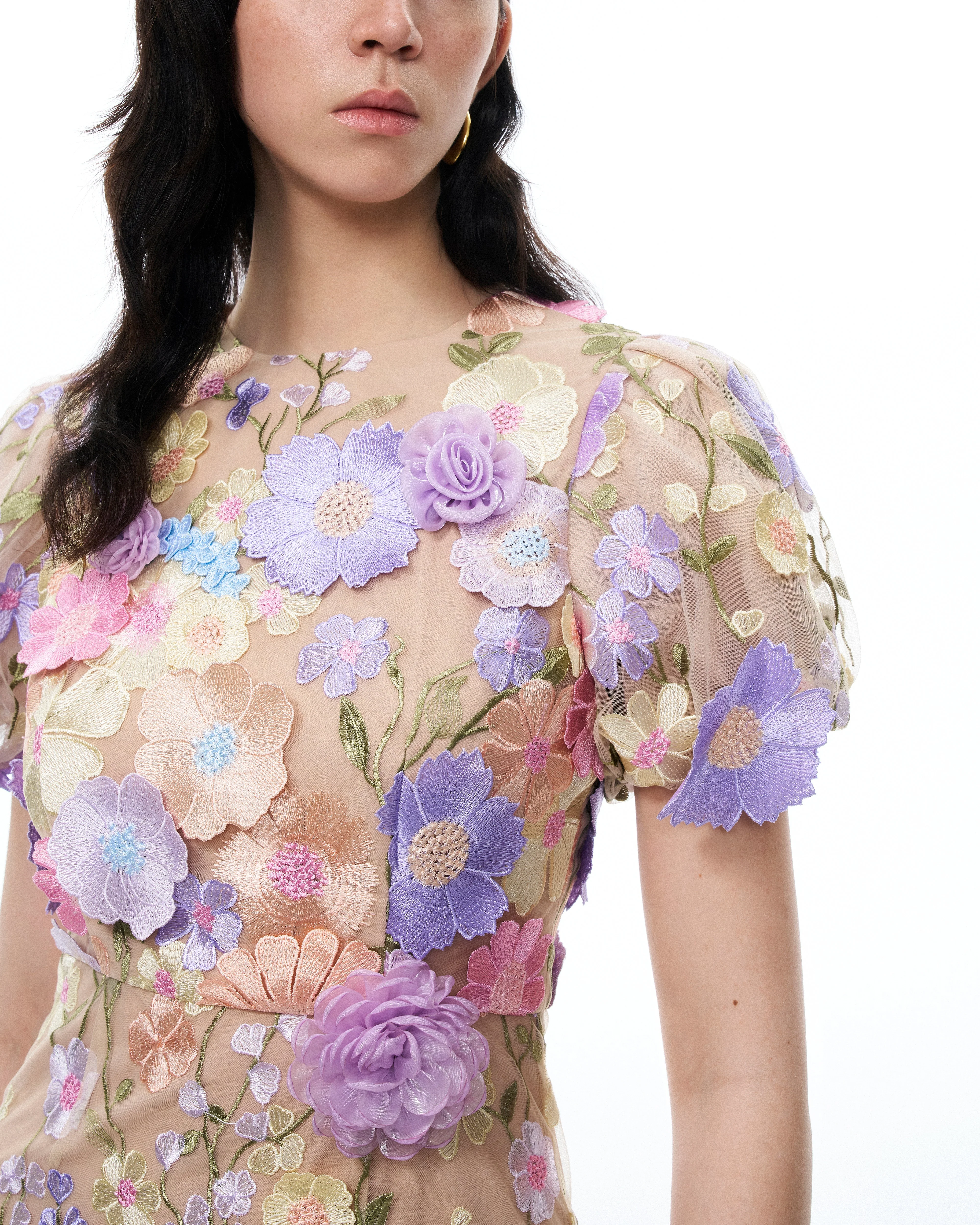 Alaric Round Neck 3D Floral Embroidered Maxi Dress - Pastel Multi - Image 6