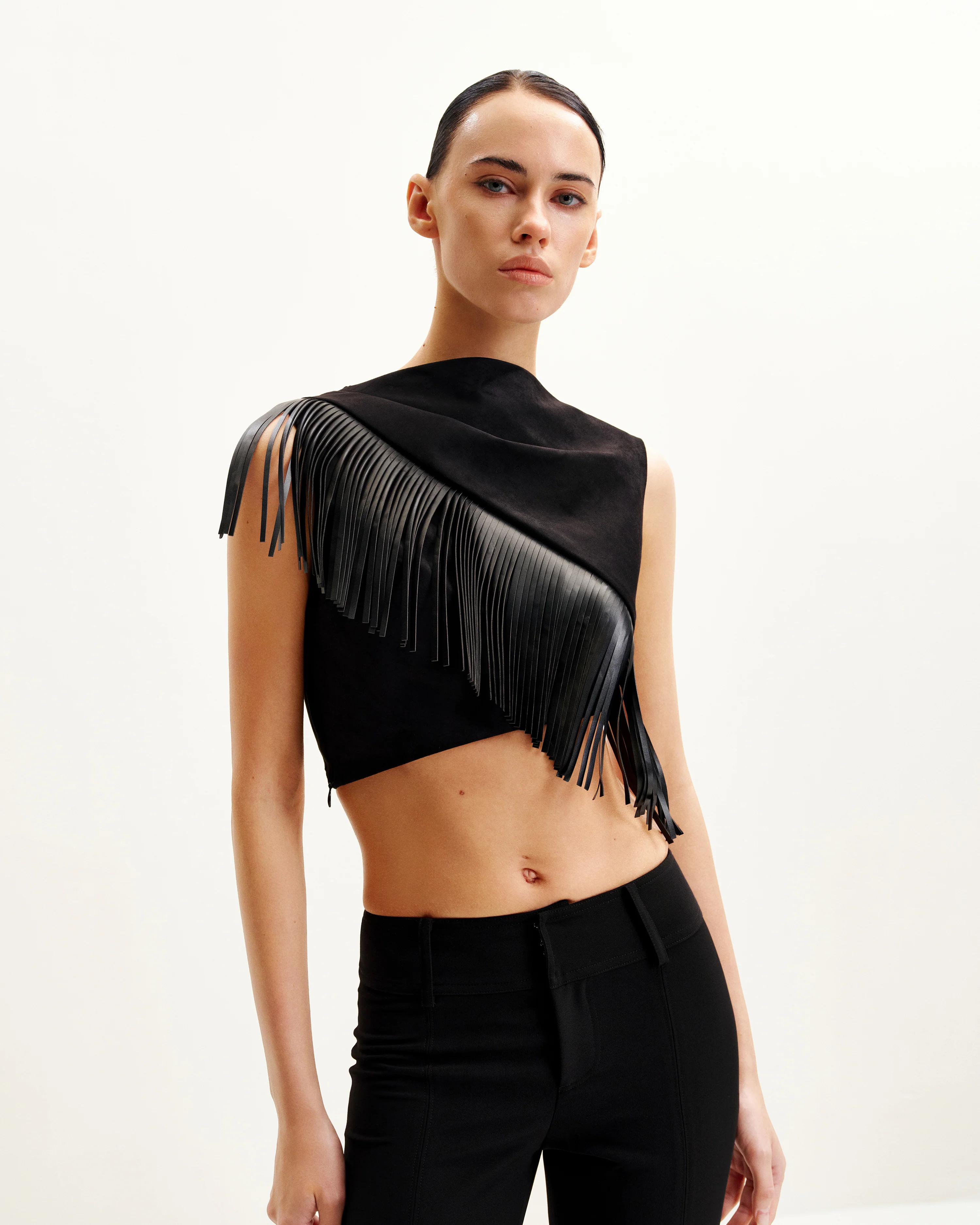 Ariana Asymmetric Fringe Sueded Top - Black - Image 3