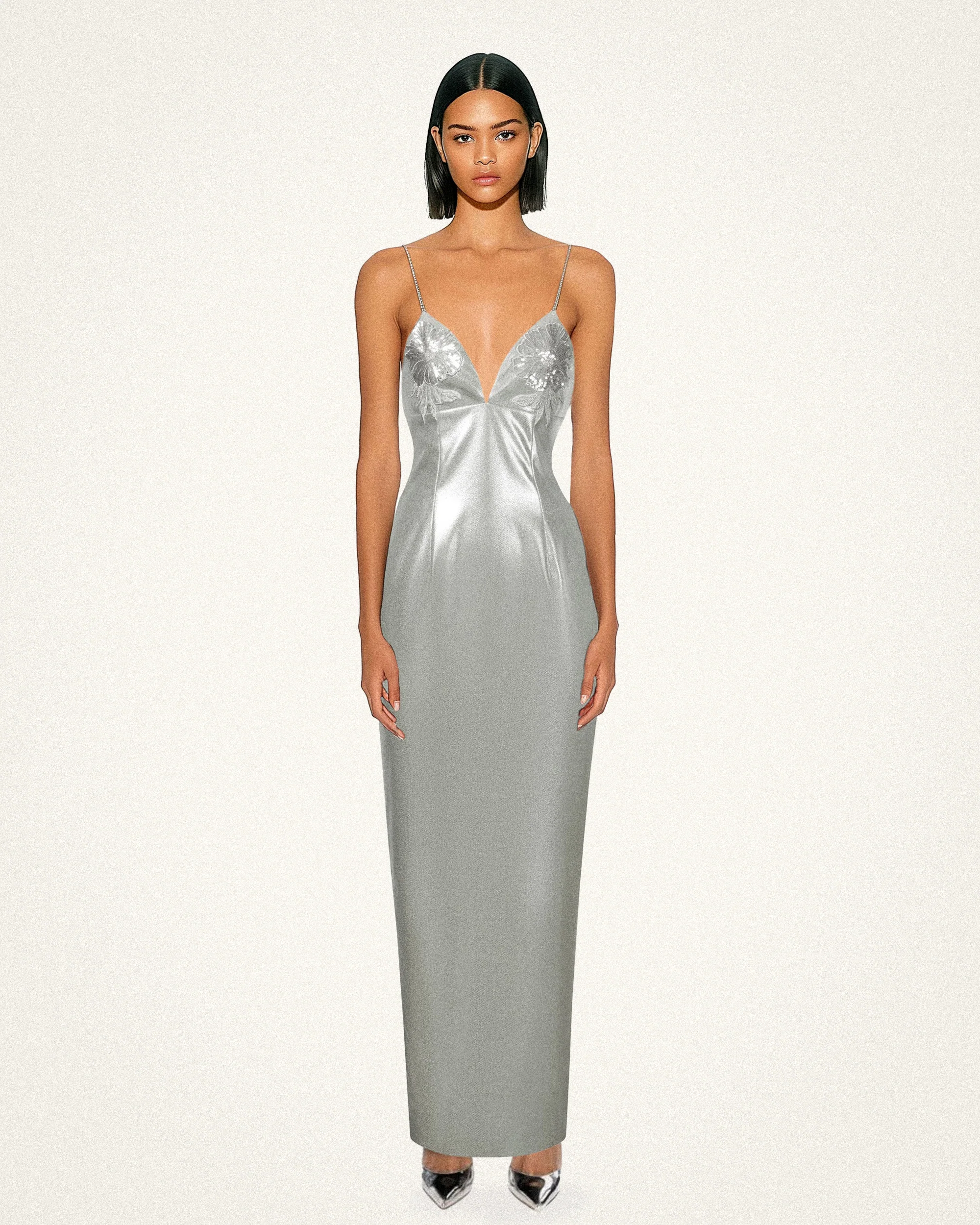 Ayliua Sweetheart-Neckline Rhinestones Embellished Silver Long Dress - Silver - Image 3