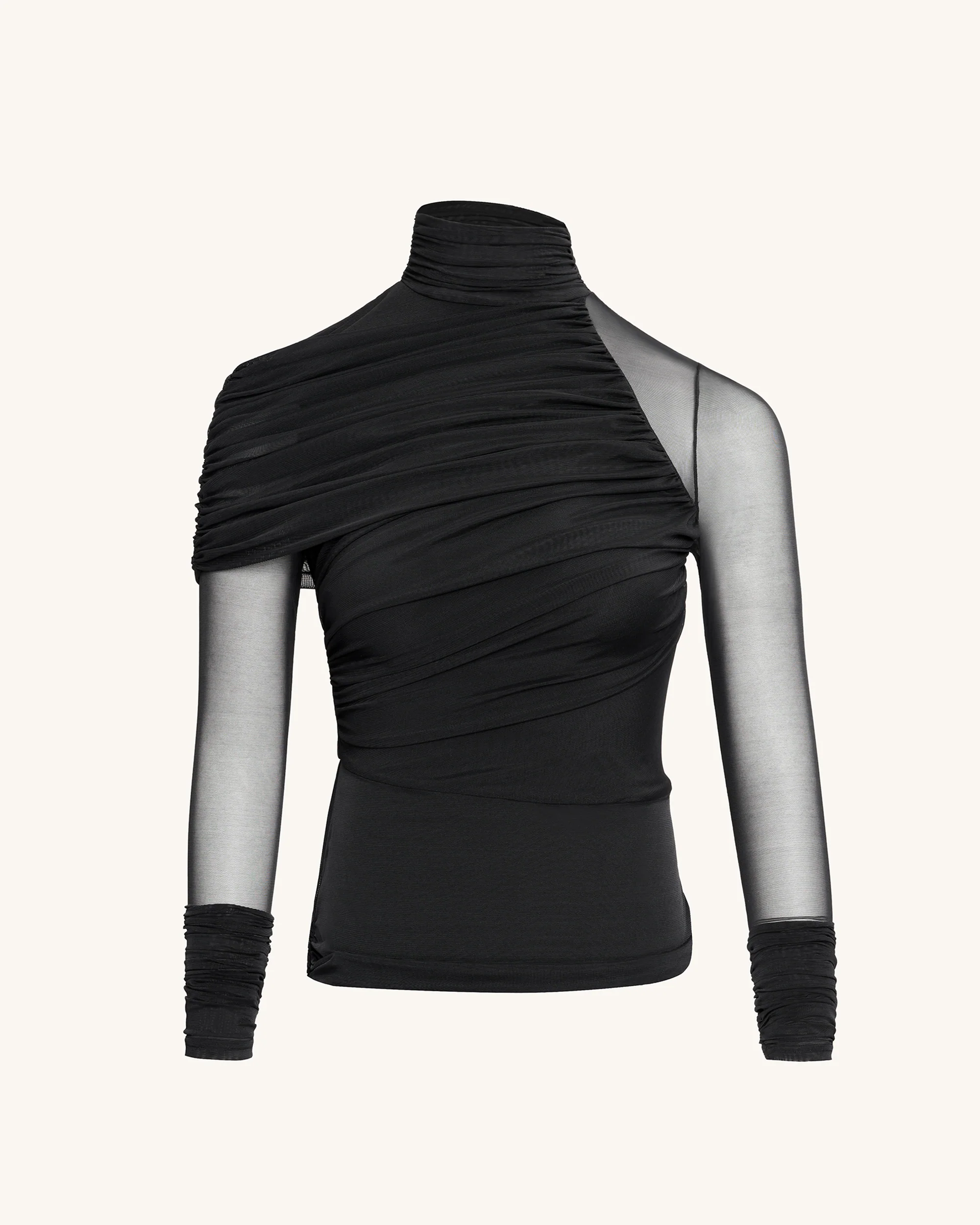 Ella Sheer Ruched Turtleneck Top - Black - Image 3