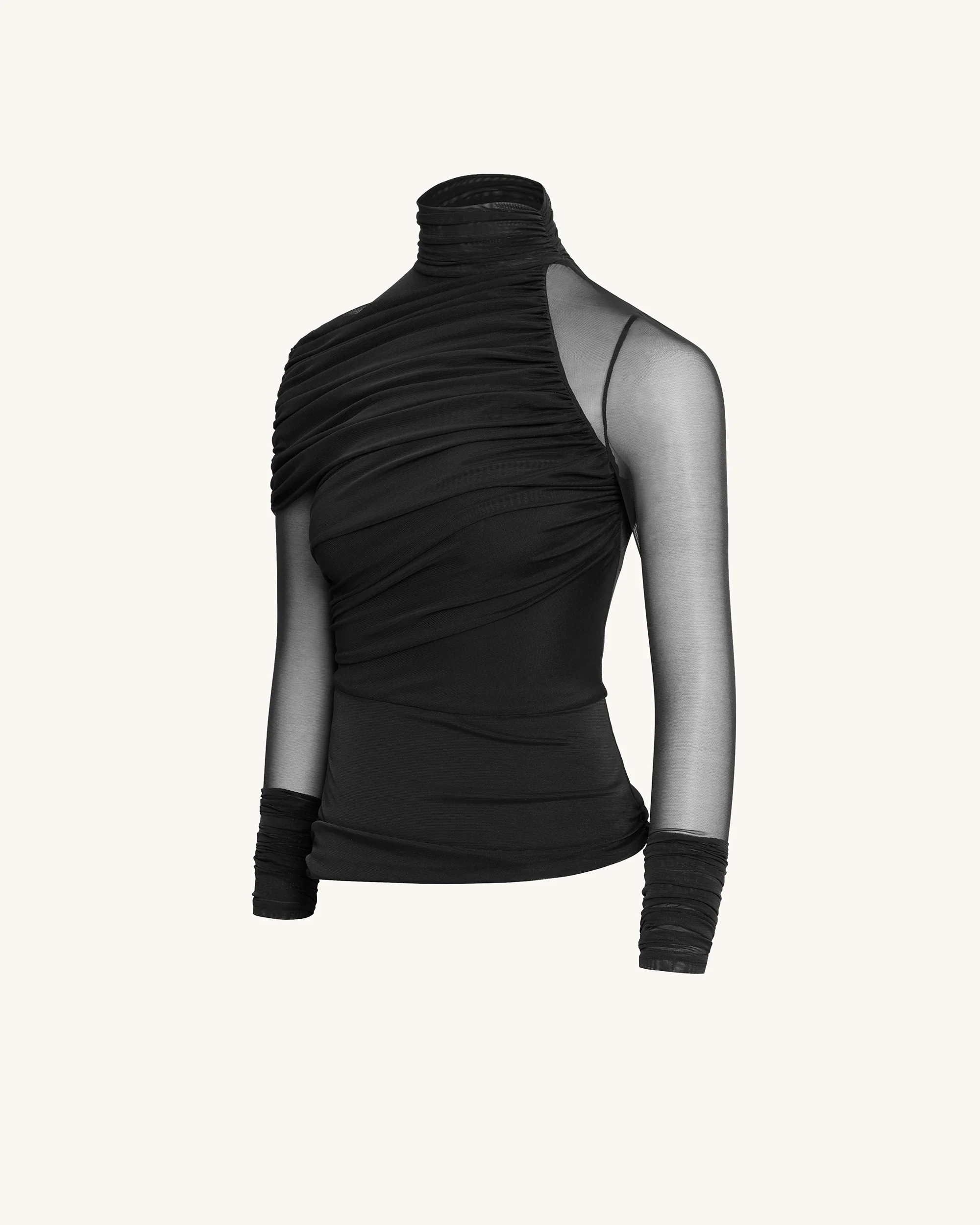 Ella Sheer Ruched Turtleneck Top - Black - Image 4