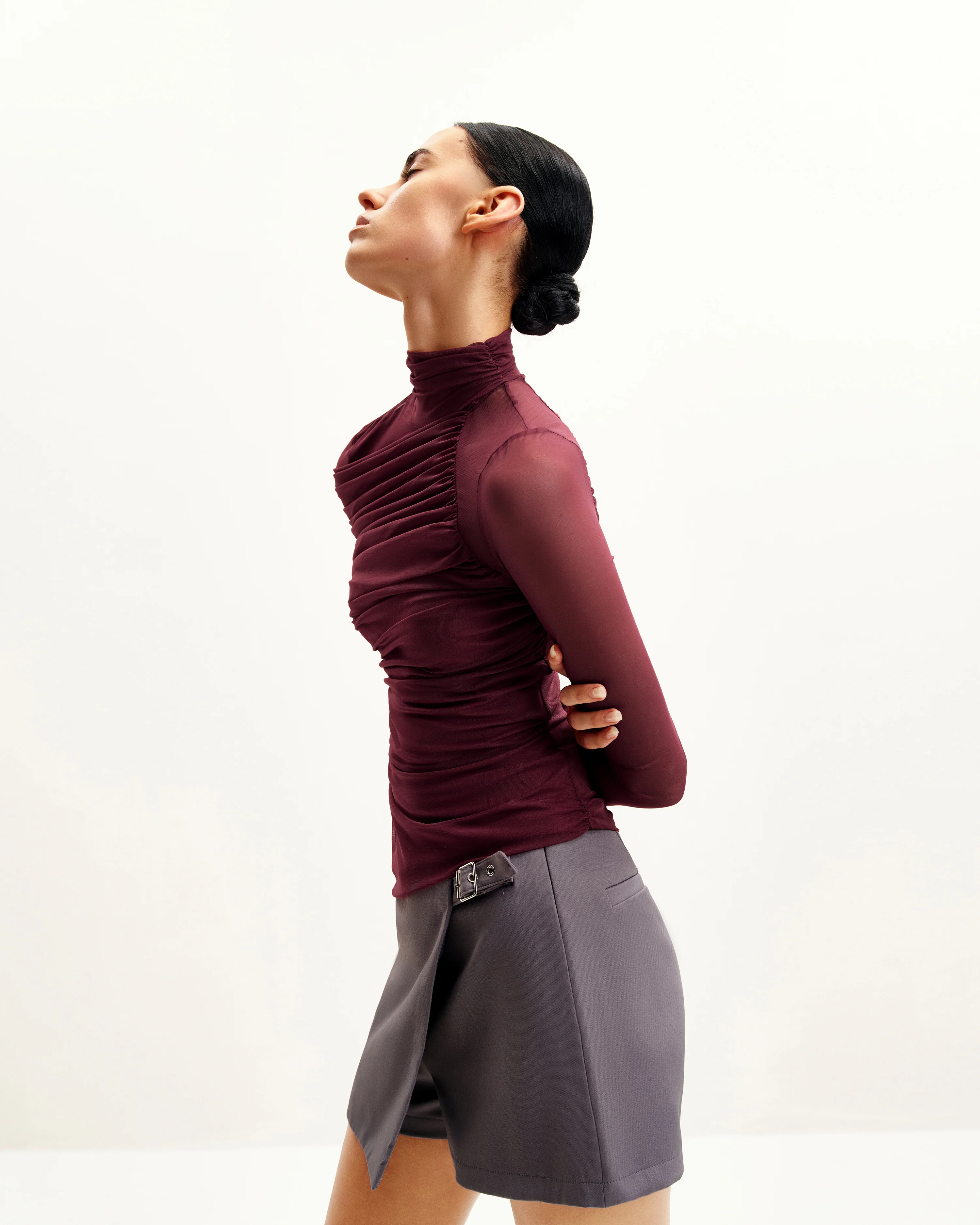 Ella Sheer Ruched Turtleneck Top - Burgundy - Image 3