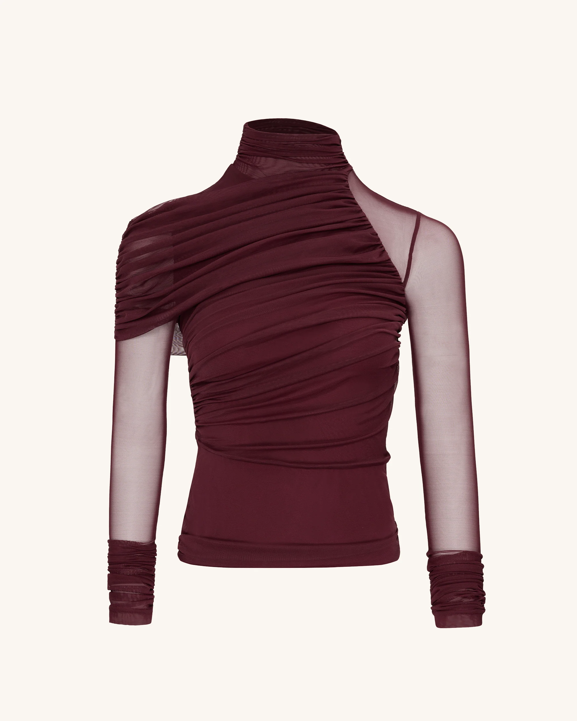 Ella Sheer Ruched Turtleneck Top - Burgundy - Image 5