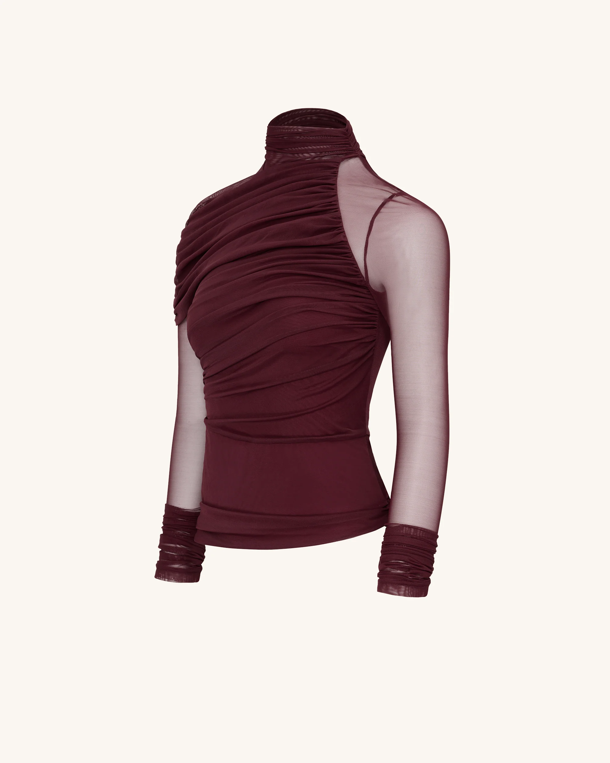 Ella Sheer Ruched Turtleneck Top - Burgundy - Image 6