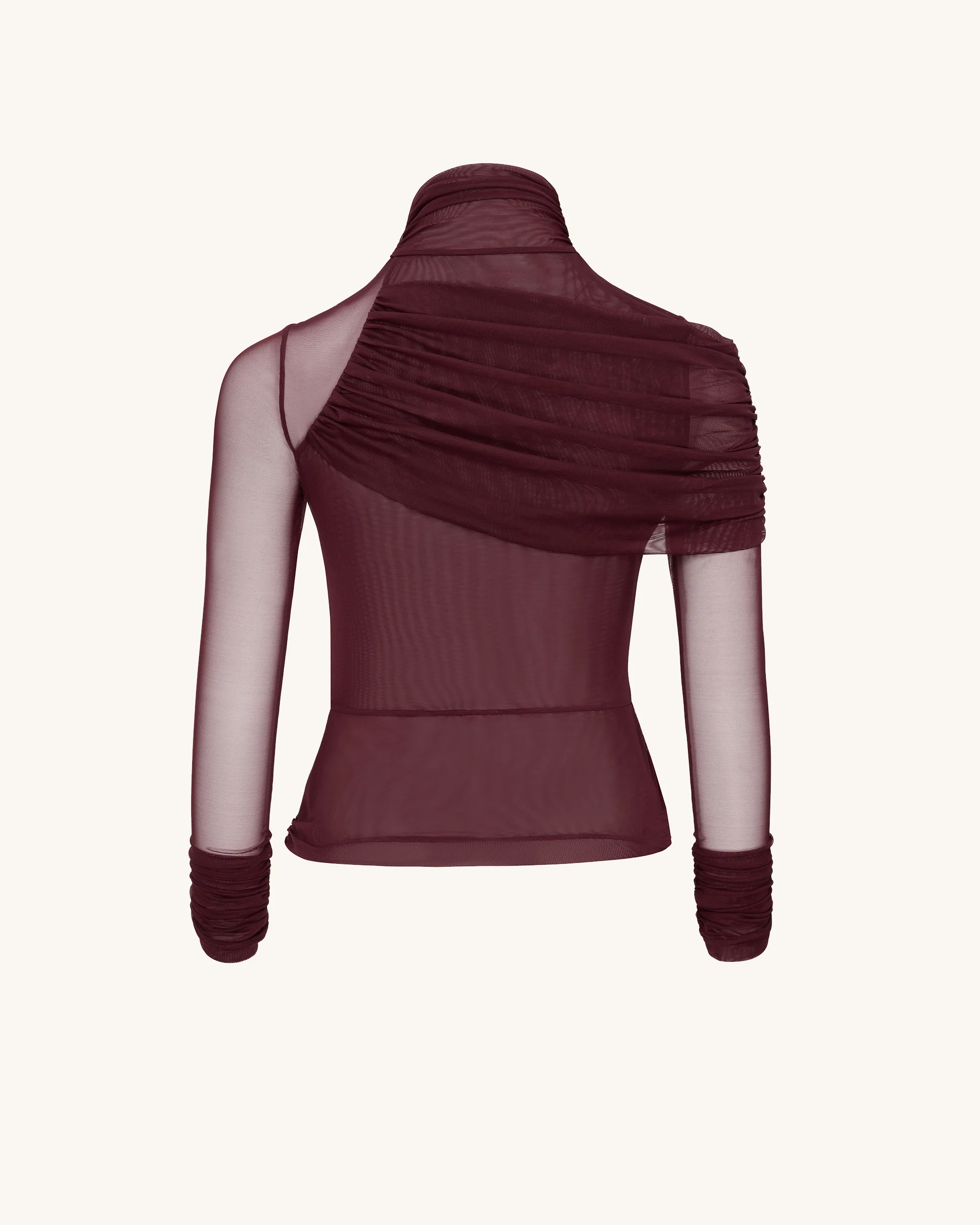 Ella Sheer Ruched Turtleneck Top - Burgundy - Image 7