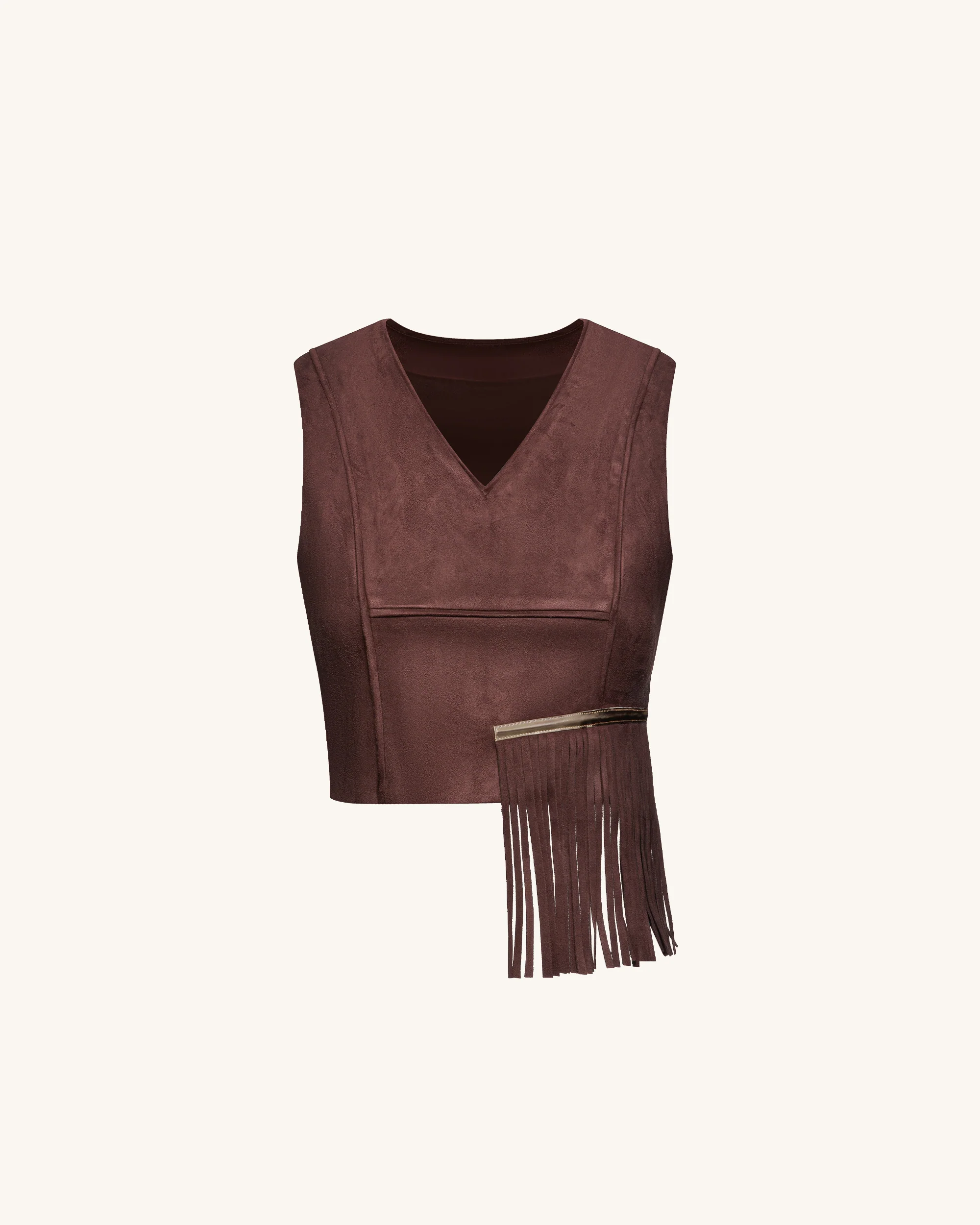 Faux Suede V-Neck Fringe Top - Chocolate Brown - Image 3