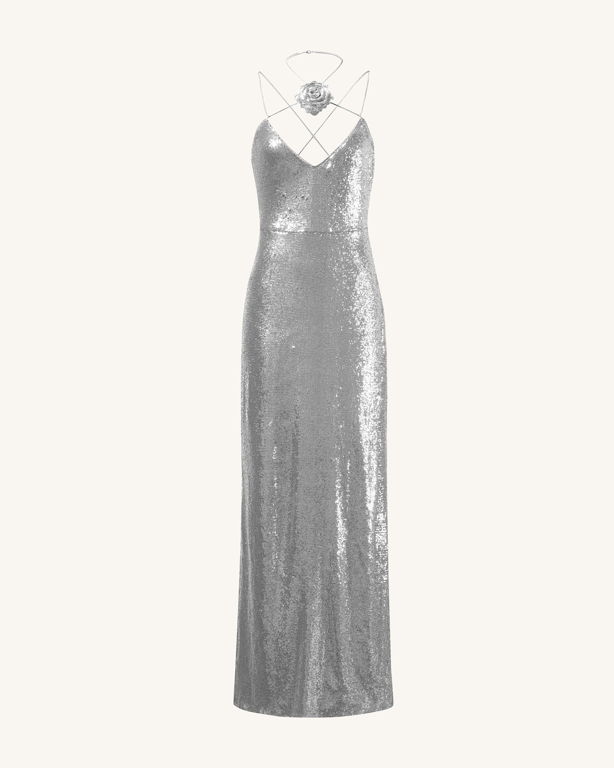 Heisey Silver Sequinned Rosette Maxi Dress - Silver - Image 3