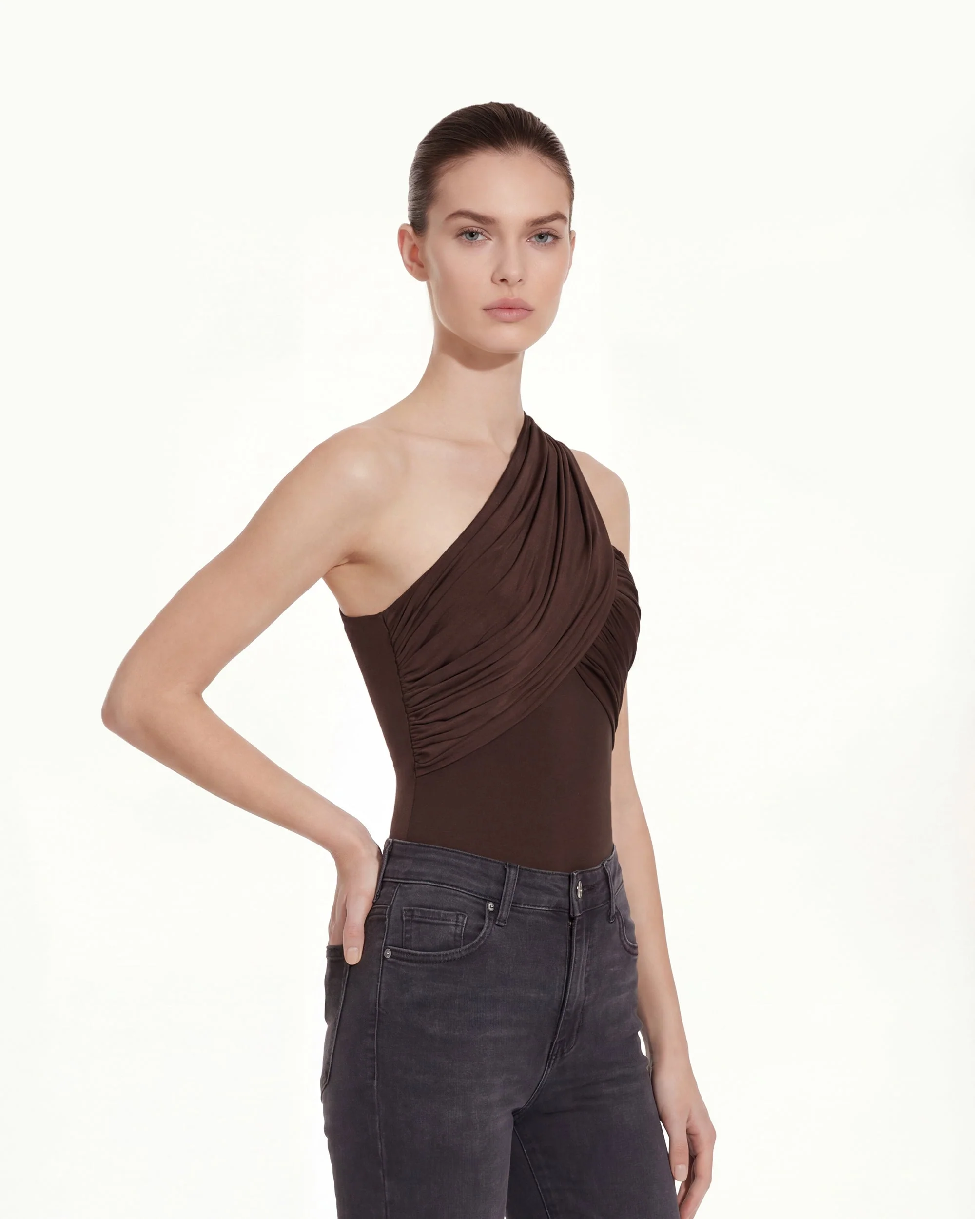 Ruched Asymmetric One-Shoulder Top - Brown - Image 3