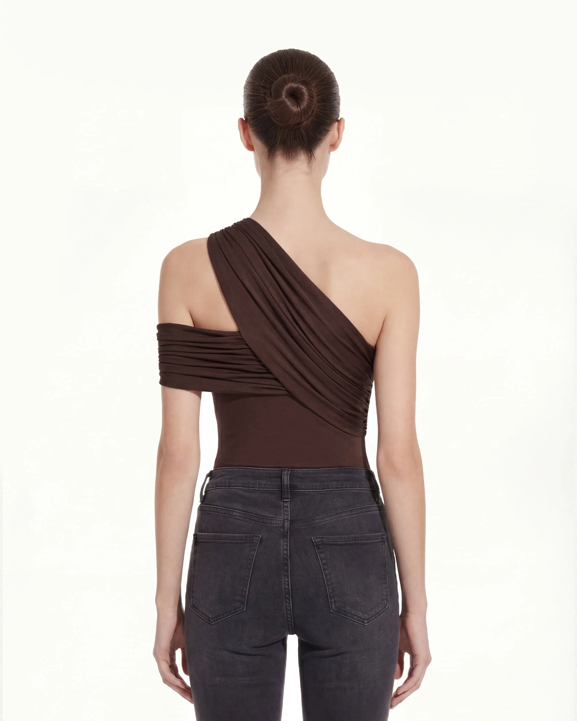 Ruched Asymmetric One-Shoulder Top - Brown - Image 4