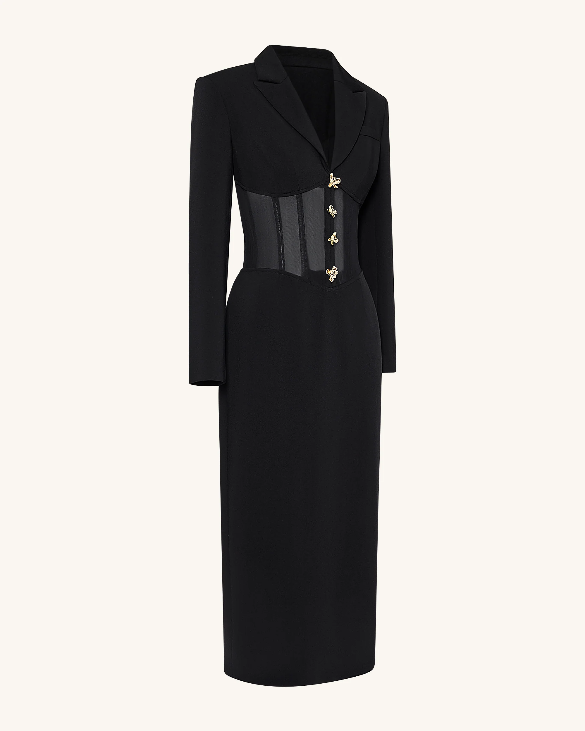 Sheer Boned Corset Waist Blazer Maxi Dress - Black - Image 3